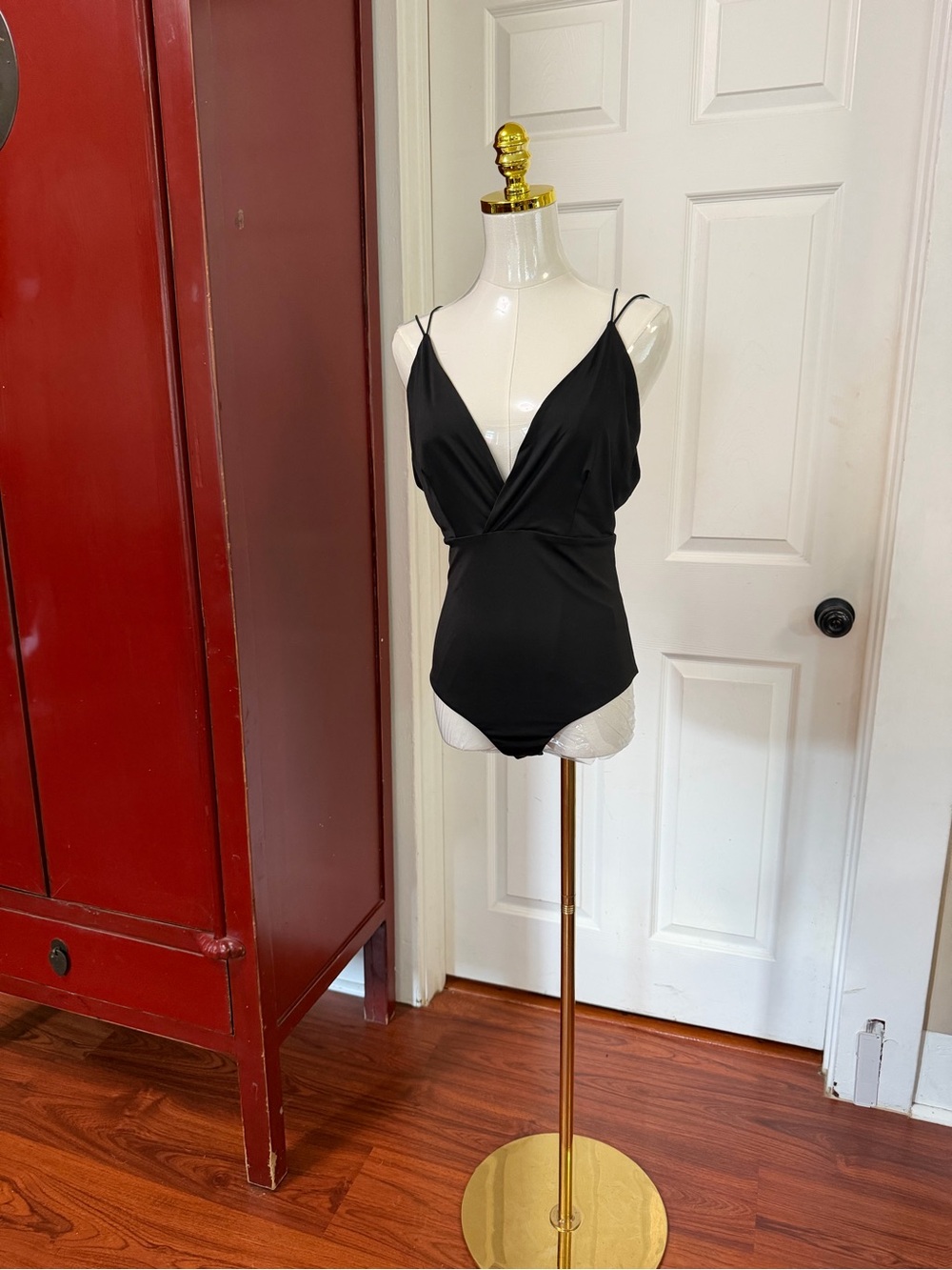 Shinestar Black Wrap-Front Bodysuit with Spaghetti Straps